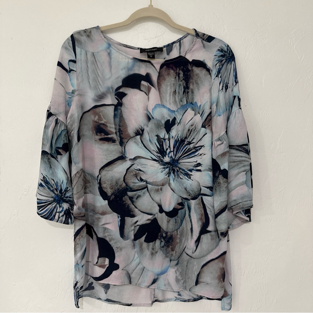 Karen Kane Floral Tiered Bell Sleeve Blouse Blue Pink Grey Viscose 4L67130 M